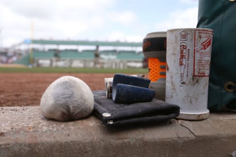 FORT MYERS, FL – MARCH 11: Pine tar and rain bag n the step to the Baltimore Orioles dugout before the Spring Training game against the Boston Red Sox at Jet Blue Park on March 11, 2018 in Fort Myers, Florida. (Photo by Mike McGinnis/Getty Images) *** Local Caption ***