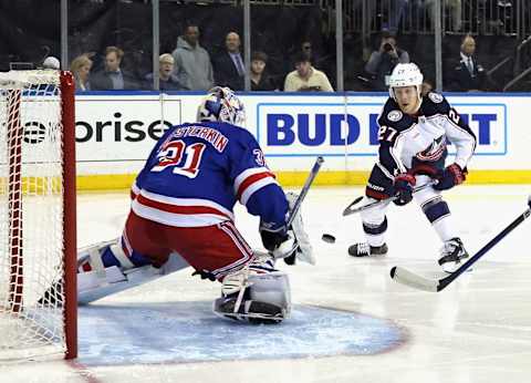 NEW YORK, NEW YORK – MARCH 28: Adam Boqvist #27 of the Columbus Blue Jackets is stopped by Igor Shesterkin #31 of the New York Rangers during the first period at Madison Square Garden on March 28, 2023 in New York City. (Photo by Bruce Bennett/Getty Images)