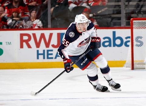 NEWARK, NEW JERSEY – OCTOBER 30: David Jiricek #55 of the Columbus Blue Jackets skates against the New Jersey Devils at the Prudential Center on October 30, 2022 in Newark, New Jersey. The Devils defeated the Blue Jackets 7-1. (Photo by Bruce Bennett/Getty Images)