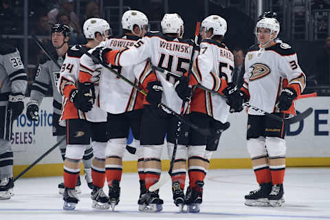 LOS ANGELES, CA – MARCH 23: Sam Steel #34, Cam Fowler #4, Andy Welinski #45, Rickard Rakell #67 and Jakob Silfverberg #33 of the Anaheim Ducks celebrate Fowler’s first-period goal during the game against the Los Angeles Kings at STAPLES Center on March 23, 2019 in Los Angeles, California. (Photo by Adam Pantozzi/NHLI via Getty Images)