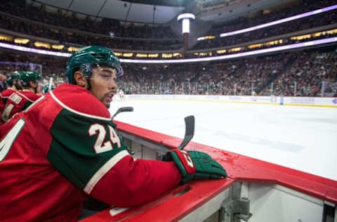 Nov 15, 2016; Saint Paul, MN, USA; Minnesota Wild defenseman Matt Dumba (24) looks on during the second period against the Calgary Flames at Xcel Energy Center. The Flames defeated the Wild 1-0. Mandatory Credit: Brace Hemmelgarn-USA TODAY Sports