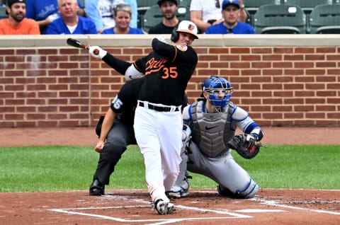 BALTIMORE, MARYLAND – SEPTEMBER 05: Adley Rutschman #35 of the Baltimore Orioles bats against the Toronto Blue Jays during game two of a doubleheader at Oriole Park at Camden Yards on September 05, 2022 in Baltimore, Maryland. (Photo by G Fiume/Getty Images)