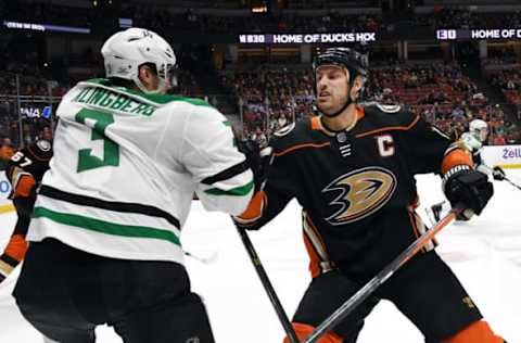 ANAHEIM, CA: Anaheim Ducks captain Ryan Getzlaf (15) skates in towards Dallas Stars defenseman John Klingberg (3) in the first period of a game played on February 21, 2018. (Photo by John Cordes/Icon Sportswire via Getty Images)