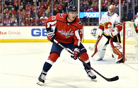 WASHINGTON, DC – FEBRUARY 01: Washington Capitals right wing Dmitrij Jaskin (23) skates into the corner during the Calgary Flames vs. the Washington Capitals NHL game on February 1, 2019 at Capital One Arena in Washington, D.C.. (Photo by Randy Litzinger/Icon Sportswire via Getty Images)