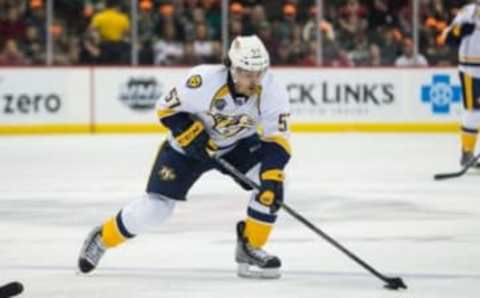 Nov 5, 2015; Saint Paul, MN, USA; Nashville Predators forward Gabriel Bourque (57) against the Minnesota Wild at Xcel Energy Center. The Predators defeated the Predators 3-2. Mandatory Credit: Brace Hemmelgarn-USA TODAY Sports