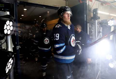 WINNIPEG, MB – MAY 14: Patrik Laine #29 of the Winnipeg Jets leads his teammates to the ice for the start of NHL action against the Vegas Golden Knights in Game Two of the Western Conference Final during the 2018 NHL Stanley Cup Playoffs at the Bell MTS Place on May 14, 2018 in Winnipeg, Manitoba, Canada. (Photo by Darcy Finley/NHLI via Getty Images)