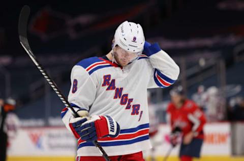 WASHINGTON, DC – MARCH 19: Jacob Trouba #8 of the New York Rangers looks on against the Washington Capitals during the second period at Capital One Arena on March 19, 2021, in Washington, DC. (Photo by Patrick Smith/Getty Images)