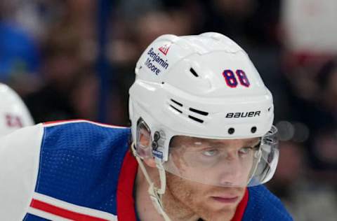 COLUMBUS, OHIO – APRIL 08: Patrick Kane #88 of the New York Rangers lines up for a face off during the second period against the Columbus Blue Jackets at Nationwide Arena on April 08, 2023 in Columbus, Ohio. (Photo by Jason Mowry/Getty Images)