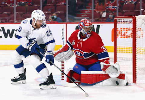 MONTREAL, QUEBEC – JULY 05: Blake Coleman #20 of the Tampa Bay Lightning is stopped by Carey Price #31 of the Montreal Canadiens during Game Four of the 2021 NHL Stanley Cup Final at the Bell Centre on July 05, 2021 in Montreal, Quebec, Canada. (Photo by Bruce Bennett/Getty Images)