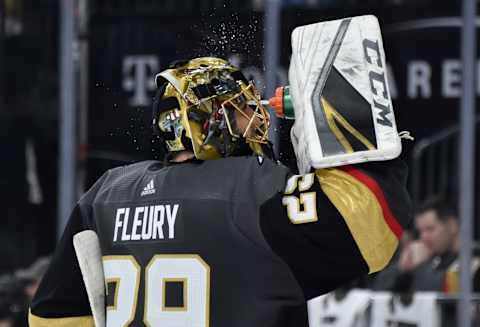 LAS VEGAS, NV – APRIL 21: Marc-Andre Fleury #29 of the Vegas Golden Knights stands in net during the second period against the San Jose Sharks in Game Six of the Western Conference First Round during the 2019 NHL Stanley Cup Playoffs at T-Mobile Arena on April 21, 2019 in Las Vegas, Nevada. (Photo by David Becker/NHLI via Getty Images)