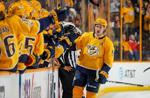 NASHVILLE, TN – DECEMBER 4: Filip Forsberg #9 of the Nashville Predators celebrates his goal against the Boston Bruins during an NHL game at Bridgestone Arena on December 4, 2017 in Nashville, Tennessee. (Photo by John Russell/NHLI via Getty Images)