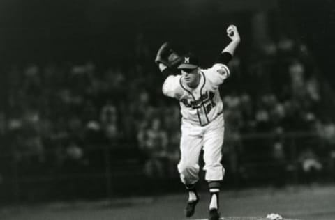 MILWAUKEE – 1957. Warren Spahn, pitcher for the Milwaukee Braves, is about to deliver a pitch during a game at County Stadium in 1957. (Photo by Mark Rucker/Transcendental Graphics, Getty Images)