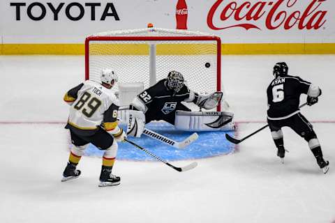 LOS ANGELES, CA – SEPTEMBER 19: Alex Tuch #89 of the Vegas Golden Knights and Joakim Ryan #6 of the Los Angeles Kings look on as Kings goaltender Jonathan Quick #32 attempts to make the save during the third period of the preseason game at STAPLES Center on September 19, 2019 in Los Angeles, California. (Photo by Juan Ocampo/NHLI via Getty Images)