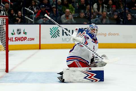 COLUMBUS, OH – DECEMBER 5: Alexandar Georgiev #40 of the New York Rangers makes a save during the game against the Columbus Blue Jackets on December 5, 2019 at Nationwide Arena in Columbus, Ohio. (Photo by Kirk Irwin/Getty Images)