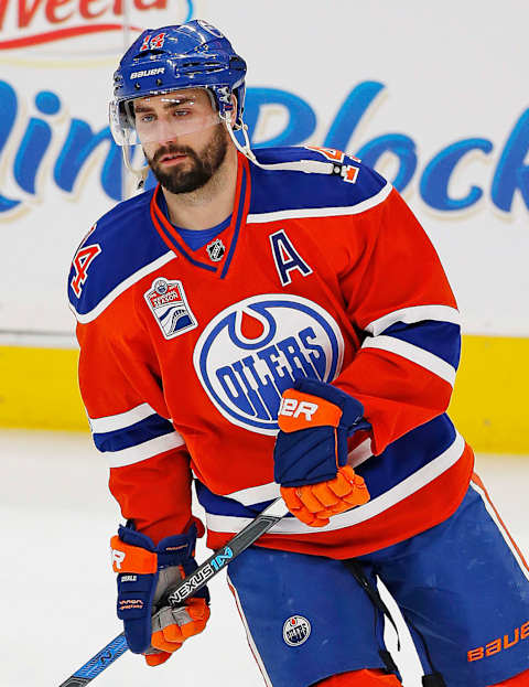 May 7, 2017; Edmonton, Alberta, CAN; Edmonton Oilers forward Jordan Eberle (14) skates during warmup against the Anaheim Ducks in game six of the second round of the 2017 Stanley Cup Playoffs at Rogers Place. Mandatory Credit: Perry Nelson-USA TODAY Sports