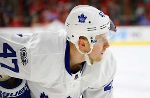 Feb 19, 2017; Raleigh, NC, USA; Toronto Maple Leafs forward Leo Komarov (47) gets ready for a face off against the Carolina Hurricanes at PNC Arena. The Toronto Maple Leafs defeat the Carolina Hurricanes 4-0. Mandatory Credit: James Guillory-USA TODAY Sports