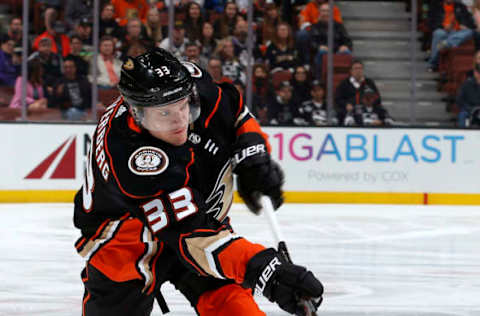 ANAHEIM, CA: Jakob Silfverberg #33 of the Anaheim Ducks releases a shot during the game against the Los Angeles Kings on March 30, 2018. (Photo by Debora Robinson/NHLI via Getty Images)