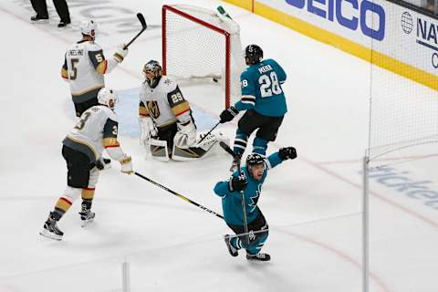 Kevin Labanc #62 of the San Jose Sharks celebrates after scoring a goal against the Vegas Golden Knights in Game Seven of the Western Conference First Round. (Photo by Lachlan Cunningham/Getty Images)