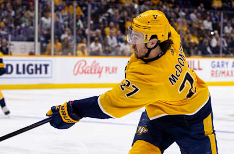 NASHVILLE, TN - MARCH 26: Ryan McDonagh #27 of the Nashville Predators follows through on a shot against the Toronto Maple Leafs during the first period at Bridgestone Arena on March 26, 2023 in Nashville, Tennessee. (Photo by Brett Carlsen/Getty Images)