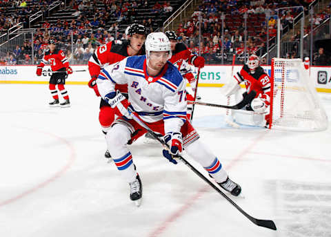 NEWARK, NEW JERSEY – SEPTEMBER 30: Filip Chytil #72 of the New York Rangers skates against the New Jersey Devils at the Prudential Center on September 30, 2022, in Newark, New Jersey. (Photo by Bruce Bennett/Getty Images)