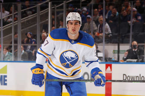 ELMONT, NEW YORK – DECEMBER 30: Brett Murray #57 of the Buffalo Sabres skates against the New York Islanders at the UBS Arena on December 30, 2021 in Elmont, New York. (Photo by Bruce Bennett/Getty Images)