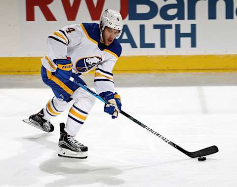 Taylor Hall #4 of the Buffalo Sabres. (Photo by Elsa/Getty Images)