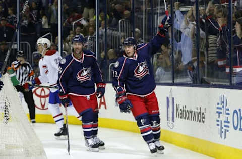 Nov 4, 2016; Columbus, OH, USA; Columbus Blue Jackets right wing Cam Atkinson (13) celebrates a goal against the Montreal Canadiens during the second period at Nationwide Arena. Mandatory Credit: Russell LaBounty-USA TODAY Sports