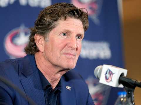 Jul 1, 2023; Columbus, OH, USA; Columbus Blue Jackets introduce Mike Babcock as their new head coach during a press conference at Nationwide Arena. Mandatory Credit: Kyle Robertson-USA TODAY NETWORK