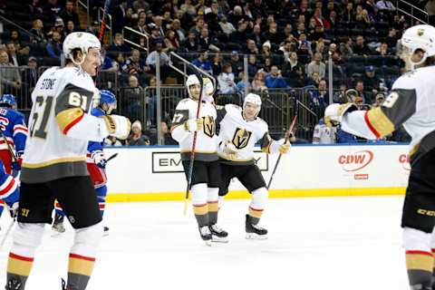 NEW YORK, NY – DECEMBER 02: Max Pacioretty #67 of the Vegas Golden Knights celebrates with teammates after scoring a goal in the second period against the New York Rangers at Madison Square Garden on December 2, 2019 in New York City. (Photo by Jared Silber/NHLI via Getty Images)