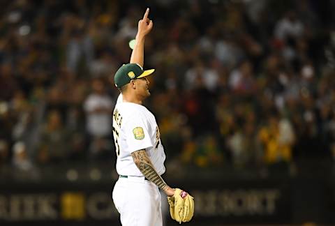 OAKLAND, CA – APRIL 21: Sean Manaea #55 of the Oakland Athletics celebrates after pitching a no-hitter against the Boston Red Sox at the Oakland Alameda Coliseum on April 21, 2018 in Oakland, California. The Athletics won the game 3-0. (Photo by Thearon W. Henderson/Getty Images)