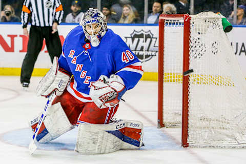 NEW YORK, NY – MARCH 14: New York Rangers goaltender Alexandar Georgiev (40) tracks shot during the Pittsburgh Penguins and New York Rangers NHL game on March 14, 2018, at Madison Square Garden in New York, NY. (Photo by John Crouch/Icon Sportswire via Getty Images)