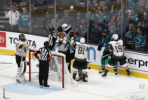 SAN JOSE, CALIFORNIA – OCTOBER 04: Joe Thornton #19 of the San Jose Sharks fights William Karlsson #71 and Jonathan Marchessault #81 of the Vegas Golden Knights while Brent Burns #88 of the San Jose Sharks fights Reilly Smith #19 of the Vegas Golden Knights at SAP Center on October 04, 2019 in San Jose, California. (Photo by Ezra Shaw/Getty Images)