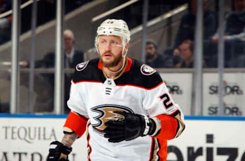 ELMONT, NEW YORK – MARCH 13: Nicolas Deslauriers #20 of the Anaheim Ducks skates against the New York Islanders at the UBS Arena on March 13, 2022 in Elmont, New York. (Photo by Bruce Bennett/Getty Images)