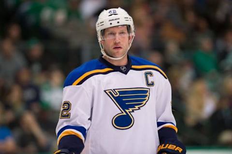 Apr 3, 2015; Dallas, TX, USA; St. Louis Blues center David Backes (42) waits for play to begin against the Dallas Stars at the American Airlines Center. The Blues defeat the Stars 7-5. Mandatory Credit: Jerome Miron-USA TODAY Sports