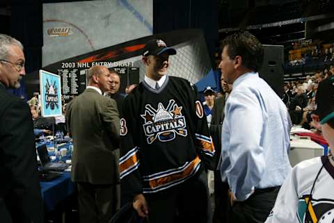 NASHVILLE, TN – JUNE 21: Eric Fehr of the Washington Capitals is introduced to his new team during the 2003 NHL Entry Draft at the Gaylord Entertainment Center on June 21, 2003 in Nashville, Tennessee. (Photo by Doug Pensinger/Getty Images/NHLI)