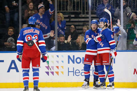 Brendan Lemieux #48 of the New York Rangers celebrates