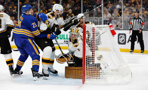 BOSTON, MA – DECEMBER 31: Jeremy Swayman #1 of the Boston Bruins tends goal during the second-period skates against at the TD Garden on December 31, 2022, in Boston, Massachusetts. (Photo by Rich Gagnon/Getty Images)