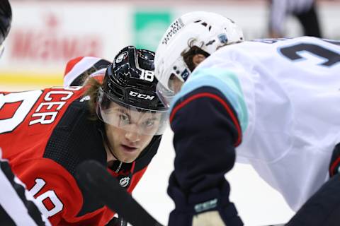 New Jersey Devils center Dawson Mercer (18): (Ed Mulholland-USA TODAY Sports)