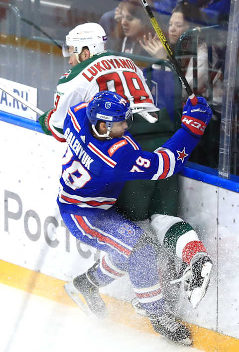 ST PETERSBURG, RUSSIA – DECEMBER 4, 2019: SKA St Petersburg’s Danila Galenyuk (L) and Ak Bars Kazan’s Vladislav Kara fight in the 2019/20 KHL Regular Season ice hockey match between SKA St Petersburg and Ak Bars Kazan at the Ice Palace. Peter Kovalev/TASS (Photo by Peter KovalevTASS via Getty Images)