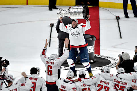 LAS VEGAS, NV – JUNE 07: Alex Ovechkin #8 of the Washington Capitals hoists the Stanley Cup after the team’s 4-3 win over the Vegas Golden Knights in Game Five of the 2018 NHL Stanley Cup Final at T-Mobile Arena on June 7, 2018 in Las Vegas, Nevada. (Photo by David Becker/NHLI via Getty Images)