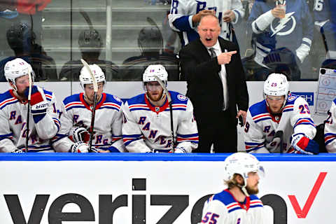 TAMPA, FLORIDA – JUNE 11: Head Coach Gerard Gallant of the New York Rangers reacts against the Tampa Bay Lightning during the second period in Game Six of the Eastern Conference Final of the 2022 Stanley Cup Playoffs at Amalie Arena on June 11, 2022 in Tampa, Florida. (Photo by Julio Aguilar/Getty Images)