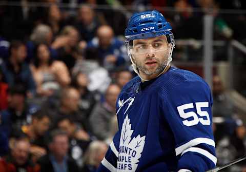 Mark Giordano #55 of the Toronto Maple Leafs (Photo by Bruce Bennett/Getty Images)