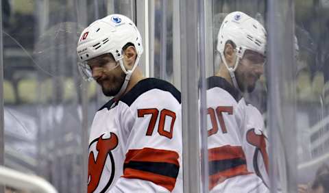 New Jersey Devils defenseman Dmitry Kulikov (70): (Charles LeClaire-USA TODAY Sports)