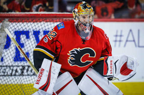 Mar 15, 2017; Calgary, Alberta, CAN; Calgary Flames goalie Jon Gillies (32) during the warmup period against the Boston Bruins at Scotiabank Saddledome. Mandatory Credit: Sergei Belski-USA TODAY Sports