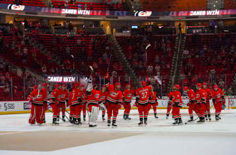 Apr 6, 2021; Raleigh, North Carolina, USA; Carolina Hurricanes players celebrated their win against the Florida Panthers at PNC Arena. Mandatory Credit: James Guillory-USA TODAY Sports