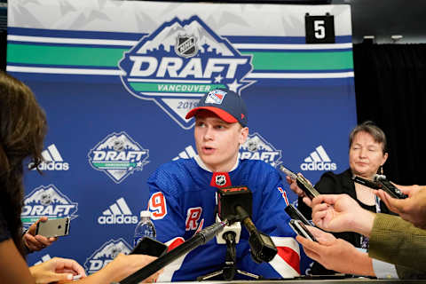 VANCOUVER, BRITISH COLUMBIA – JUNE 21: Kaapo Kakko speaks to the media after being selected second overall by the New York Rangers during the first round of the 2019 NHL Draft at Rogers Arena on June 21, 2019 in Vancouver, Canada. (Photo by Rich Lam/Getty Images)