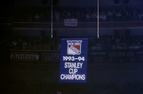 NEW YORK – 1994: The New York Rangers raise their 1993-94 Stanley Cup Banner circa October 1994 in Madison Square Garden in New York, New York. (Photo by Bruce Bennett Studios via Getty Images Studios/Getty Images)