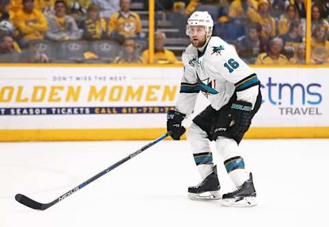 May 5, 2016; Nashville, TN, USA; San Jose Sharks center Nick Spaling (16) against the Nashville Predators in game four of the second round of the 2016 Stanley Cup Playoffs at Bridgestone Arena. The Predators won 4-3. Mandatory Credit: Aaron Doster-USA TODAY Sports