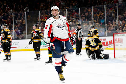 BOSTON, MA – JANUARY 10: Washington Capitals left wing Alex Ovechkin (8) reacts to his goal during a game between the Boston Bruins and the Washington Capitals on January 10, 2019, at TD Garden in Boston, Massachusetts. (Photo by Fred Kfoury III/Icon Sportswire via Getty Images)