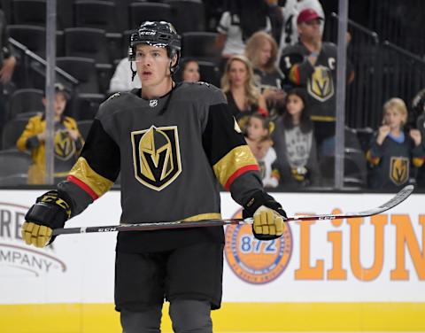 LAS VEGAS, NEVADA – SEPTEMBER 15: Jimmy Schuldt #4 of the Vegas Golden Knights skates during warmups before a preseason game against the Arizona Coyotes at T-Mobile Arena on September 15, 2019 in Las Vegas, Nevada. The Golden Knights defeated the Coyotes 6-2. (Photo by Ethan Miller/Getty Images)